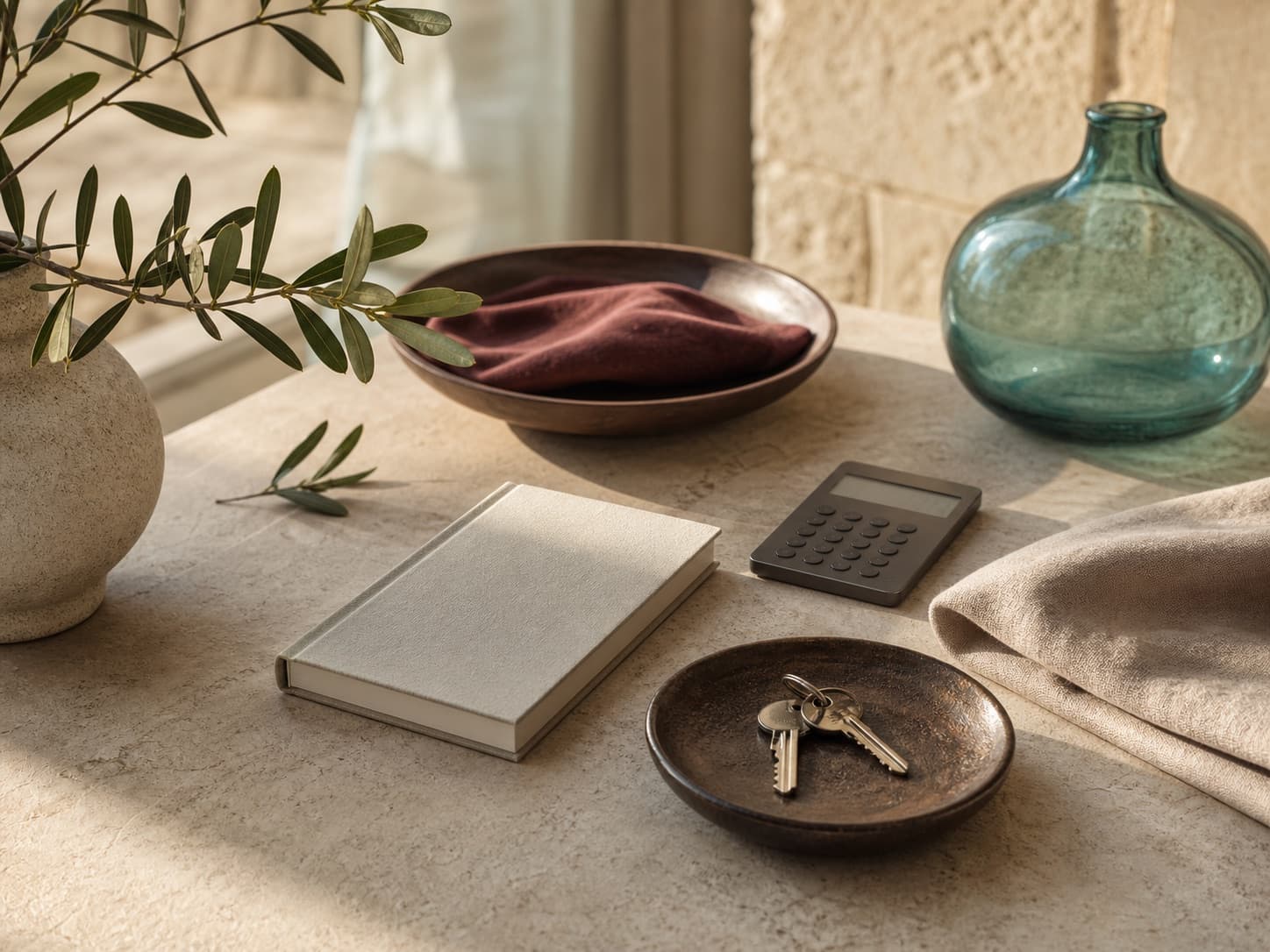 Generated practical support still life with a blank notebook, keys and Mediterranean materials.