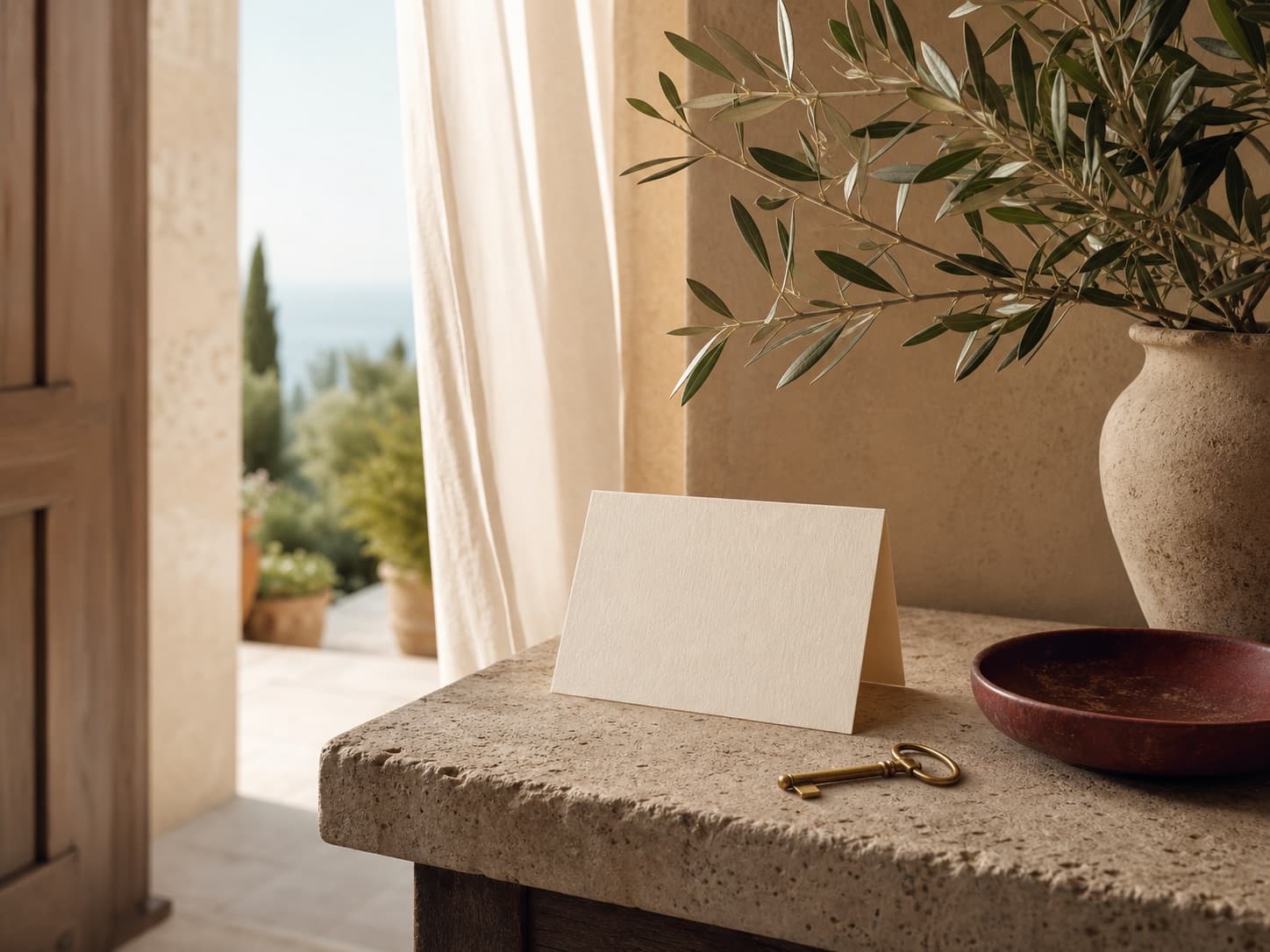 Generated Mediterranean welcome still life with a blank card, key and olive branch.